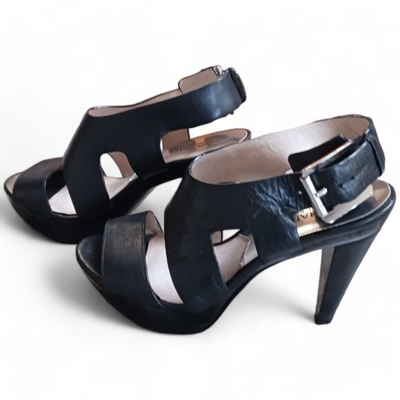 Michael Kors Carla Black Leather Platform Open Toe Cone Heels - Picture 6 of 16